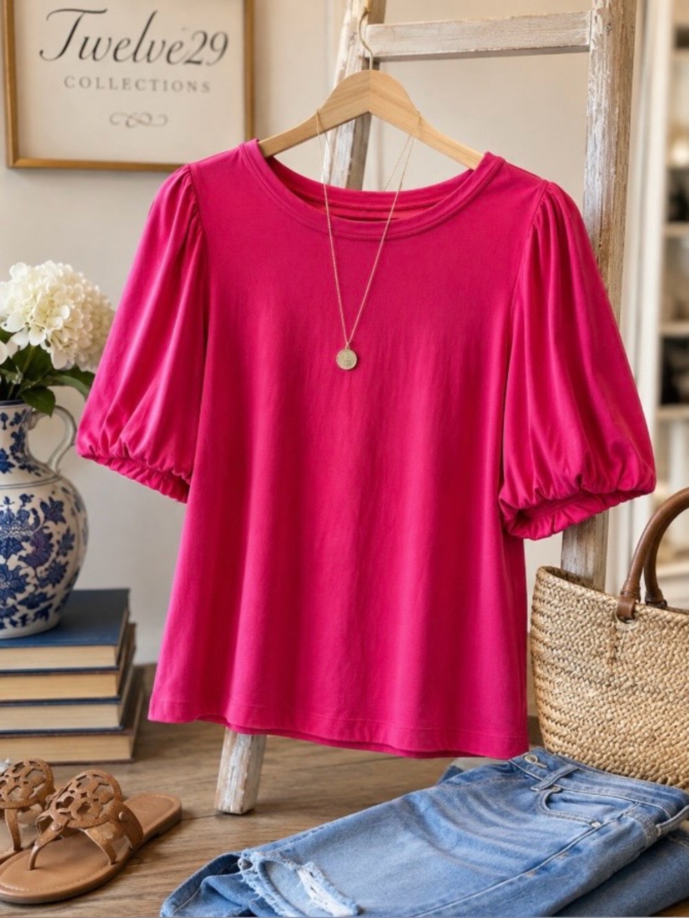 Loft Womens Hot Pink Short Puff Sleeve Top Small 100% Cotton Crew Neck Tagless